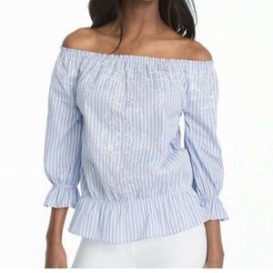 White House Black Market Off Shoulder Blouse Embroidered Striped Top Small